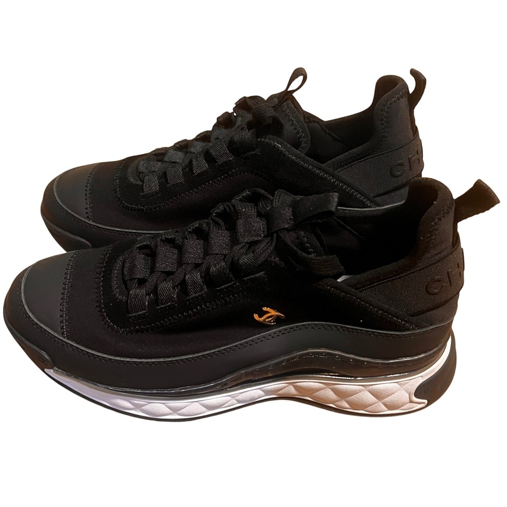 Chanel Velvet Calfskin Mixed Fibers Sneaker 6.5 Black Gold CC Logo Quilted Sole